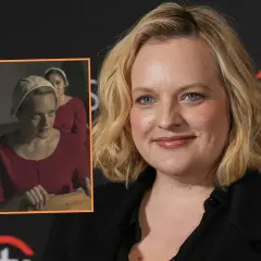Elisabeth Moss w czerwonej sukni i białym czepku, przypominająca scenę z "Opowieści podręcznej". Aktorka ma dzieci, ale na zdjęciu nie są widoczne.
