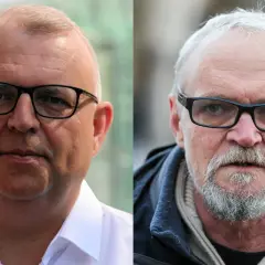 Dwa portrety: po lewej mężczyzna w białej koszuli i okularach, po prawej starszy mężczyzna z siwą brodą i wąsami, w okularach. Tak wygląda Paweł Kazimierski.