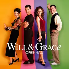 Cztery postacie z serialu **Will & Grace** stoją na tle kolorowych pasów.