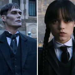 Wednesday Addams i Lurch w czarnych strojach, obok siebie.