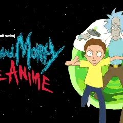 Rick i Morty The Anime: Rick z pistoletem i Morty z gniewną miną przed zielonym portalem na tle kosmosu.