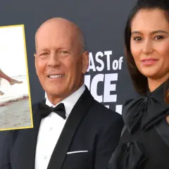 Bruce Willis z żoną na premierze. W tle zdjęcie z plaży, gdzie Bruce Willis niesie swoją ukochaną, jakby byli przyjaciółmi na zawsze.