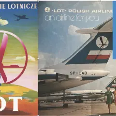 Plakaty i książka o historii LOT-u. W powietrzu serial, podróże, samoloty i uśmiechnięte stewardessy.