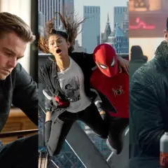 Trzy kadry z filmów science fiction: Leonardo DiCaprio z pistoletem, Spider-Man z Zendayą, Ryan Gosling.