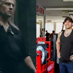 Henry Cavill bez koszulki w siłowni, obok ujęcie z Wiedźmina.