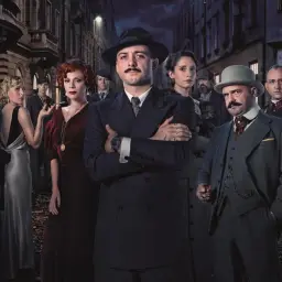 Grupa postaci w strojach z epoki, w tym mężczyzna z wąsami w garniturze, wygląda jak kadr z serialu Netflix.