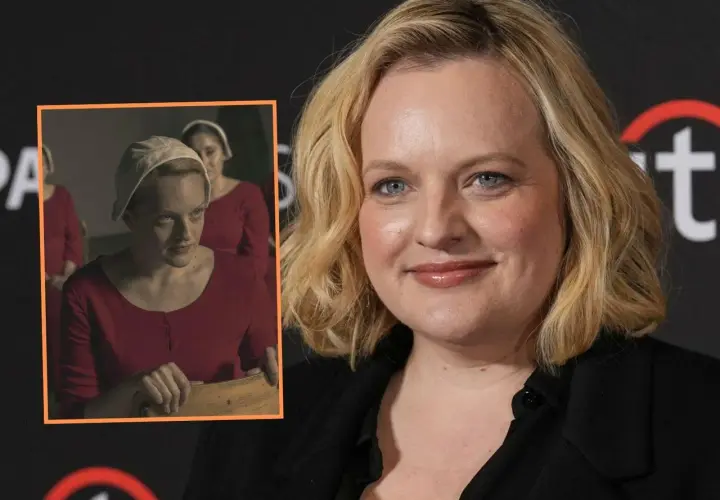 Elisabeth Moss w czerwonej sukni i białym czepku, przypominająca scenę z "Opowieści podręcznej". Aktorka ma dzieci, ale na zdjęciu nie są widoczne.