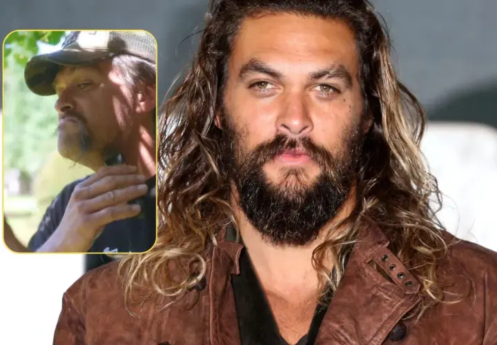 Jason Momoa bez brody, w czapce, goli się. Obok jego znane oblicze z bujną brodą.
