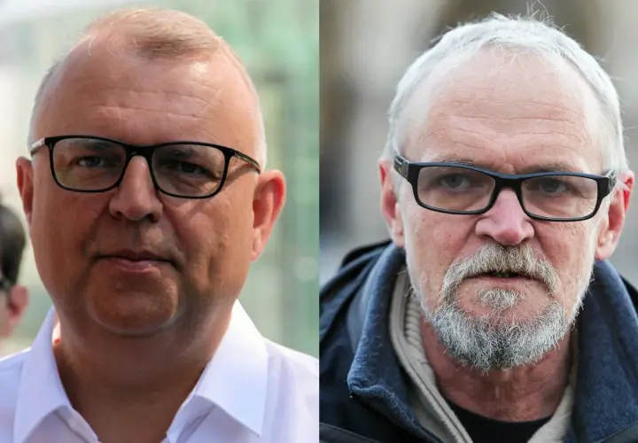 Dwa portrety: po lewej mężczyzna w białej koszuli i okularach, po prawej starszy mężczyzna z siwą brodą i wąsami, w okularach. Tak wygląda Paweł Kazimierski.