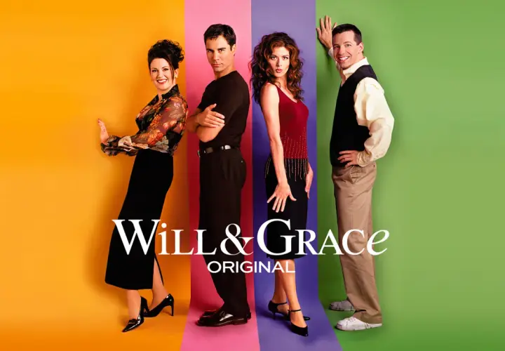 Cztery postacie z serialu **Will & Grace** stoją na tle kolorowych pasów.