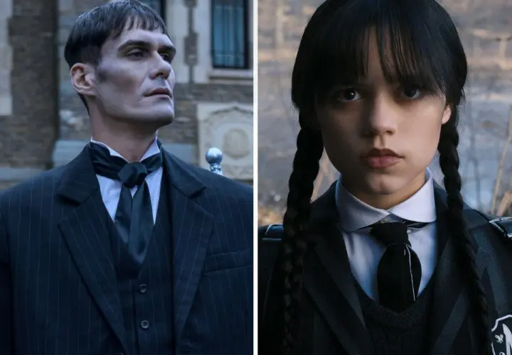 Wednesday Addams i Lurch w czarnych strojach, obok siebie.