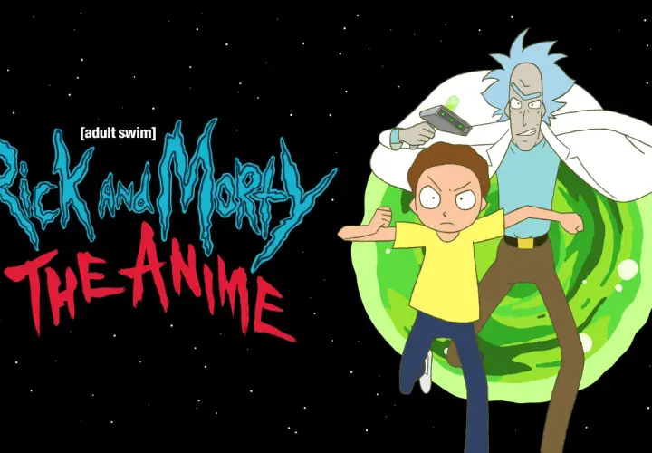 Rick i Morty The Anime: Rick z pistoletem i Morty z gniewną miną przed zielonym portalem na tle kosmosu.