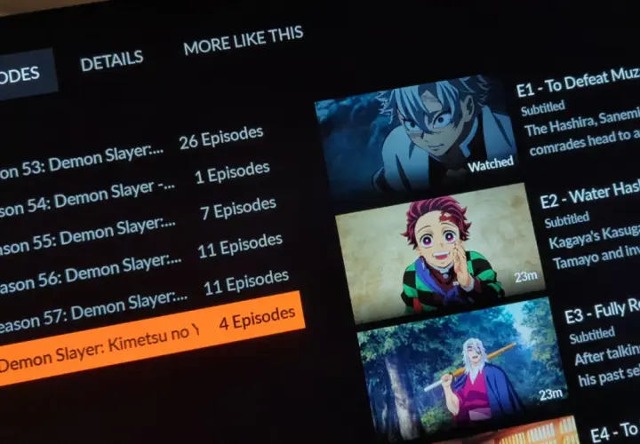 Widok listy odcinków anime Demon Slayer: Kimetsu no Yaiba. Widzimy, że ile sezonów ma Demon Slayer, a konkretnie sezon 57 z 4 odcinkami.