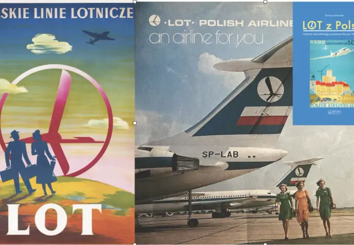Plakaty i książka o historii LOT-u. W powietrzu serial, podróże, samoloty i uśmiechnięte stewardessy.