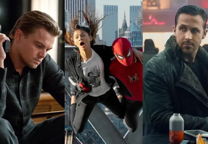Trzy kadry z filmów science fiction: Leonardo DiCaprio z pistoletem, Spider-Man z Zendayą, Ryan Gosling.