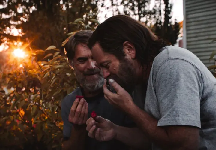 Bill z The Last of Us dzieli się malinami z ukochanym, w ciepłym świetle zachodzącego słońca.