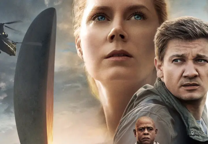 Plakat filmu science fiction z Amy Adams, Jeremym Rennerem, Forestem Whitakerem, helikopterem i obcym obiektem.