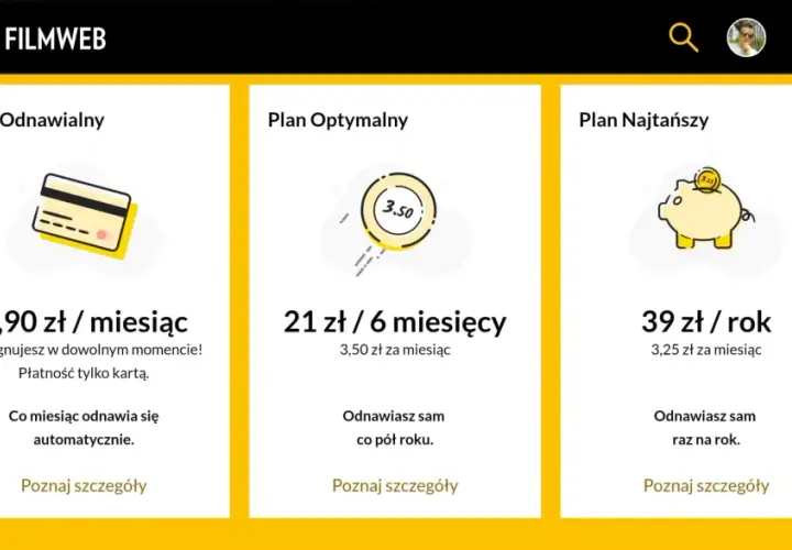 Czy Filmweb jest płatny? Tak, oferuje plany subskrypcji: miesięczny (3,90 zł), półroczny (21 zł) i roczny (39 zł).