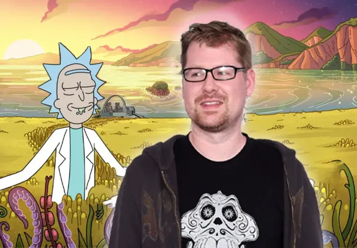 Rick Sanchez z serialu "Rick i Morty" na tle kosmicznego krajobrazu. Obok niego stoi mężczyzna w okularach.