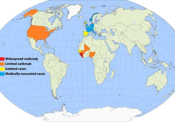 Mapa świata z zaznaczonymi ogniskami chorób: USA i Afryka Zachodnia to **the hot zone**, Europa ma pojedyncze przypadki i ewakuacje.