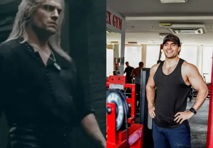 Henry Cavill bez koszulki w siłowni, obok ujęcie z Wiedźmina.