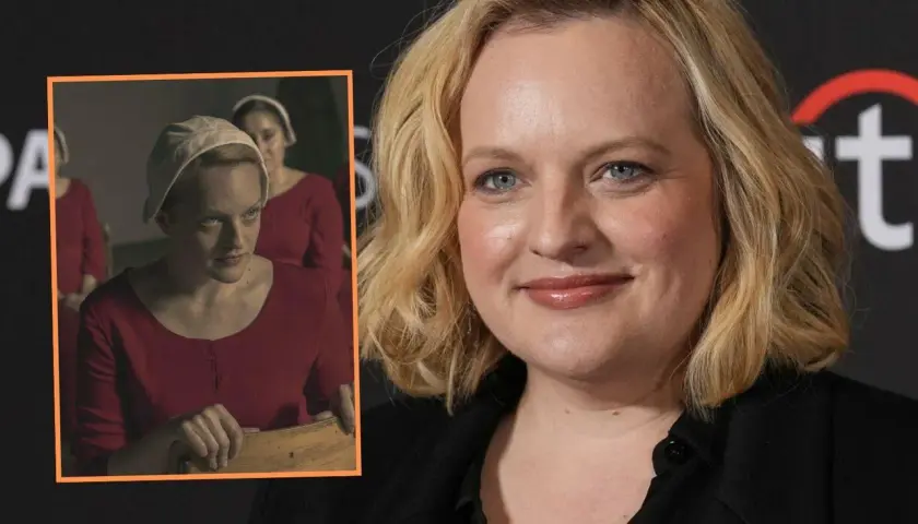 Elisabeth Moss w czerwonej sukni i białym czepku, przypominająca scenę z "Opowieści podręcznej". Aktorka ma dzieci, ale na zdjęciu nie są widoczne.