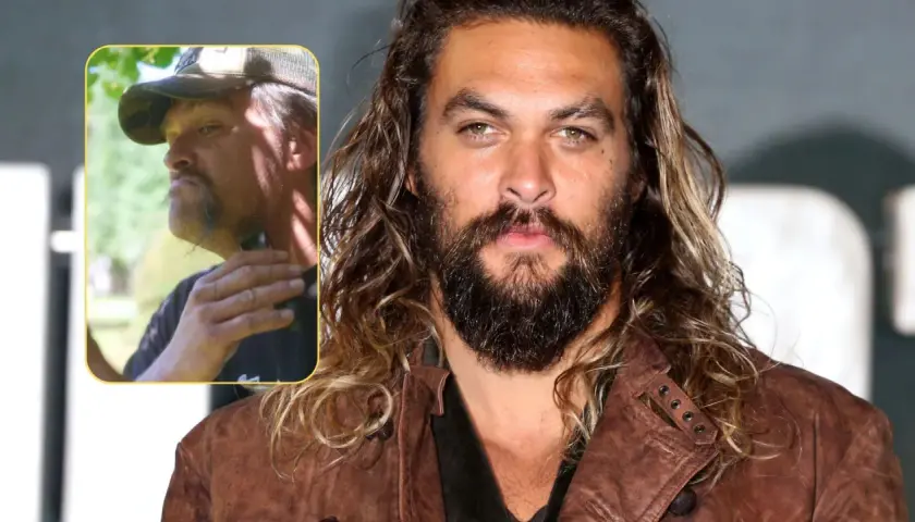 Jason Momoa bez brody, w czapce, goli się. Obok jego znane oblicze z bujną brodą.