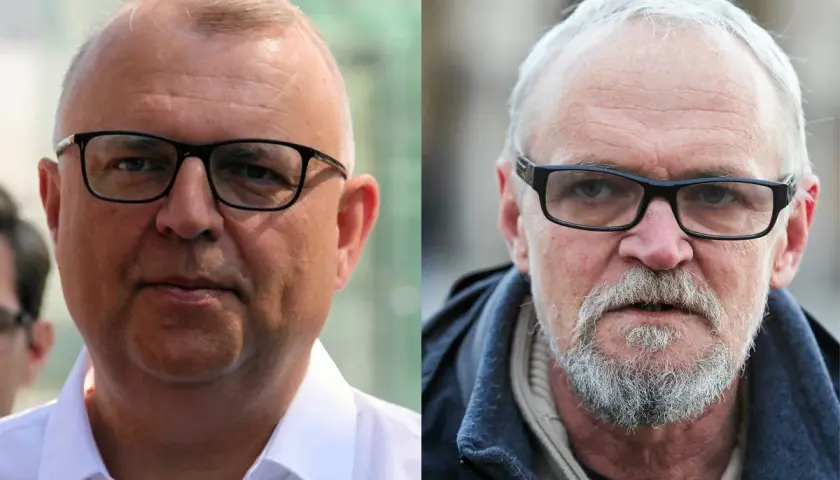 Dwa portrety: po lewej mężczyzna w białej koszuli i okularach, po prawej starszy mężczyzna z siwą brodą i wąsami, w okularach. Tak wygląda Paweł Kazimierski.