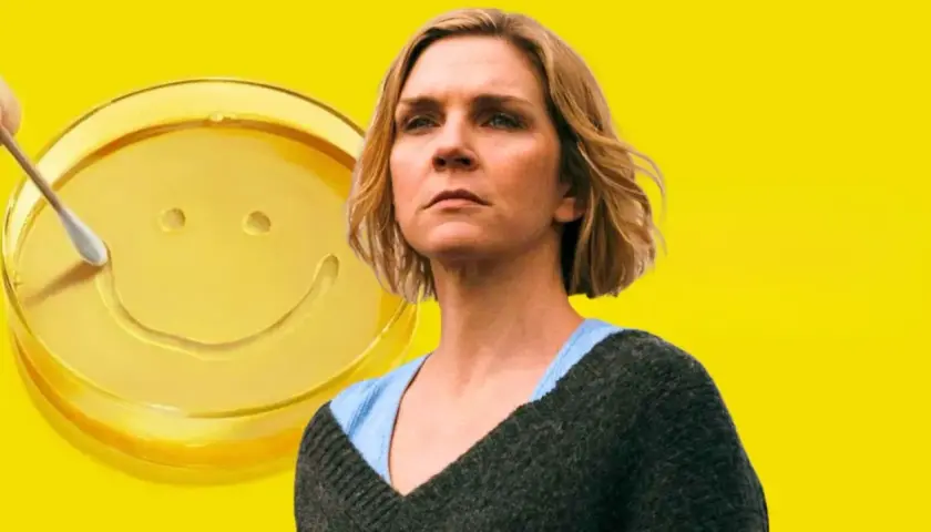Kim Wexler w nowym serialu twórców Breaking Bad. Uśmiechnięta buźka na żółtym tle.