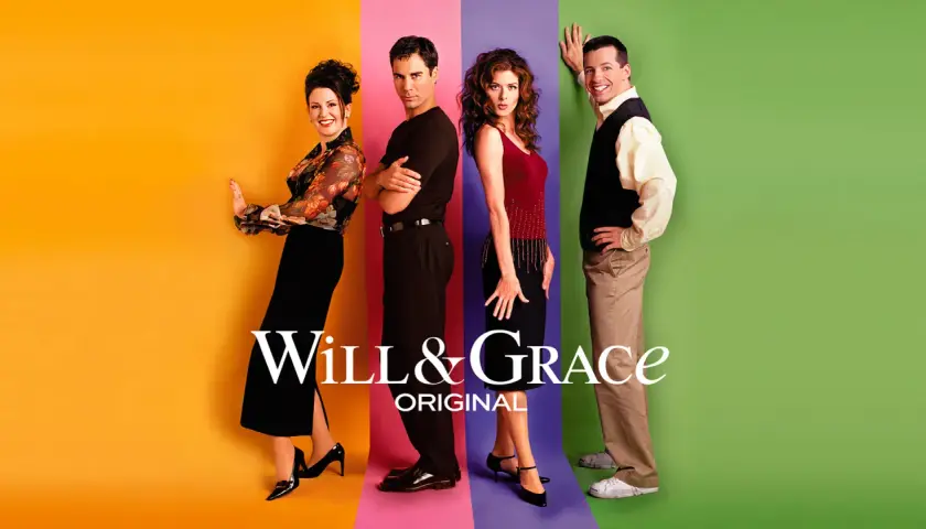 Cztery postacie z serialu **Will & Grace** stoją na tle kolorowych pasów.