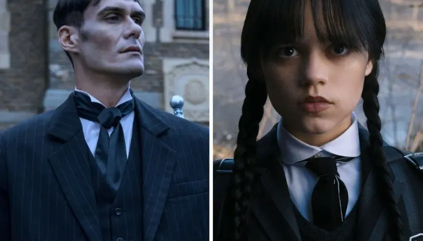 Wednesday Addams i Lurch w czarnych strojach, obok siebie.