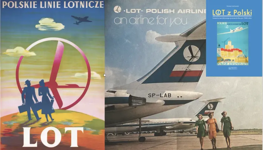Plakaty i książka o historii LOT-u. W powietrzu serial, podróże, samoloty i uśmiechnięte stewardessy.