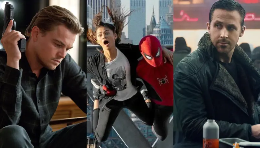Trzy kadry z filmów science fiction: Leonardo DiCaprio z pistoletem, Spider-Man z Zendayą, Ryan Gosling.
