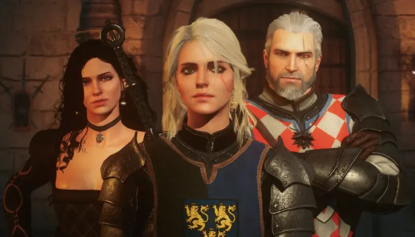 Ciri, Geralt i Yennefer z Wiedźmina serialu. Trójka bohaterów w zbrojach, gotowa na przygodę.