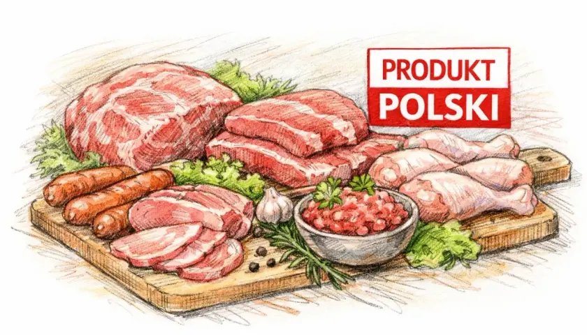 Co jeśli serial o polskim mięsie? Różne rodzaje mięsa, kiełbaski, kurczak, mielone, czosnek, zioła na desce.
