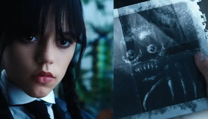 Wednesday Addams patrzy na rysunek potwora, zastanawiając się, kto jest potworem w jej życiu.