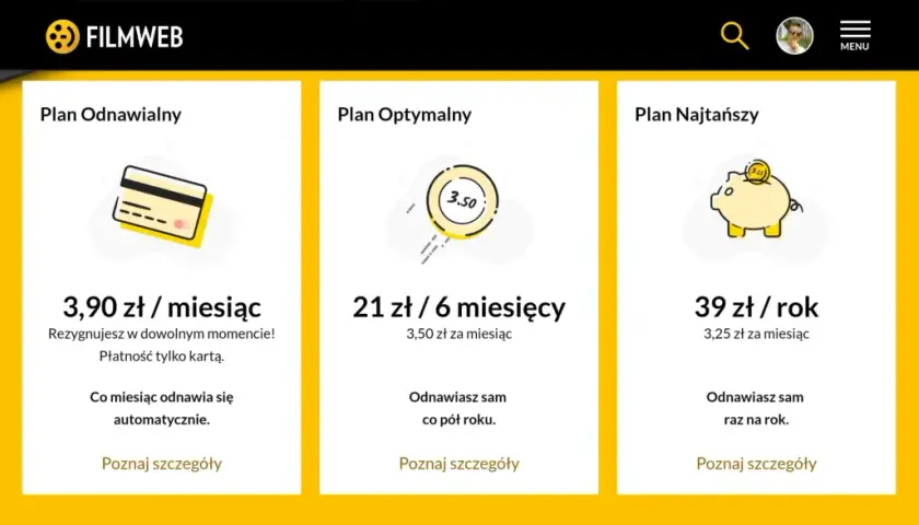 Czy Filmweb jest płatny? Tak, oferuje plany subskrypcji: miesięczny (3,90 zł), półroczny (21 zł) i roczny (39 zł).