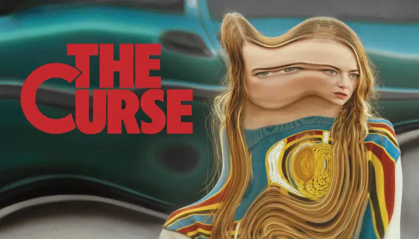 Zniekształcona twarz kobiety na tle napisu "THE CURSE". Jej rysy są nienaturalnie wykrzywione, sugerując grozę serialu.
