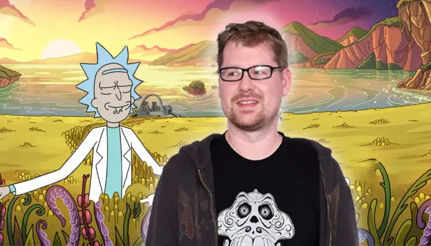 Rick Sanchez z serialu "Rick i Morty" na tle kosmicznego krajobrazu. Obok niego stoi mężczyzna w okularach.