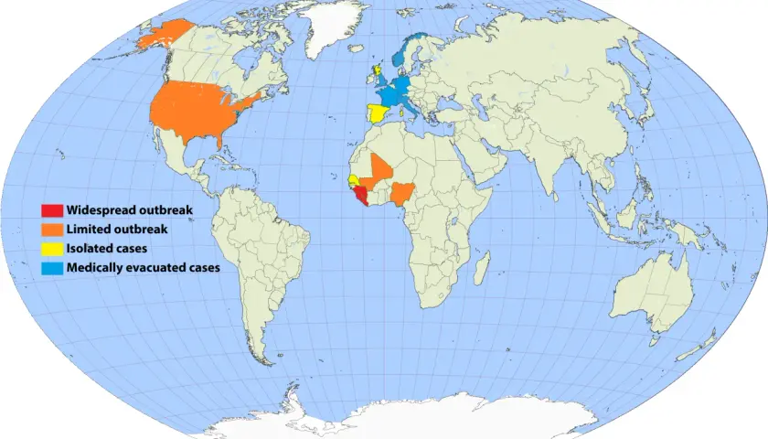 Mapa świata z zaznaczonymi ogniskami chorób: USA i Afryka Zachodnia to **the hot zone**, Europa ma pojedyncze przypadki i ewakuacje.