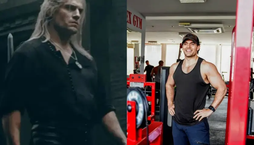 Henry Cavill bez koszulki w siłowni, obok ujęcie z Wiedźmina.