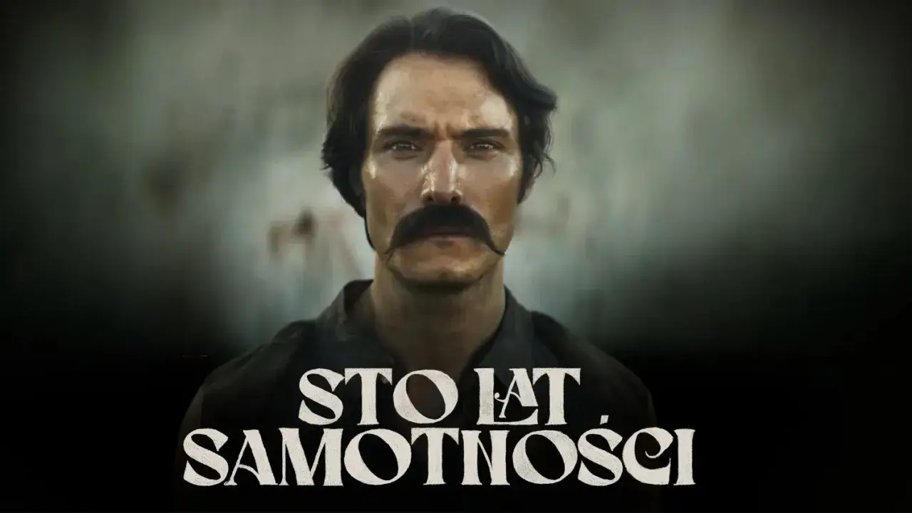 Mężczyzna z wąsami, zamyślony, w mrocznym klimacie. Zapowiedź serialu "Sto lat samotności".
