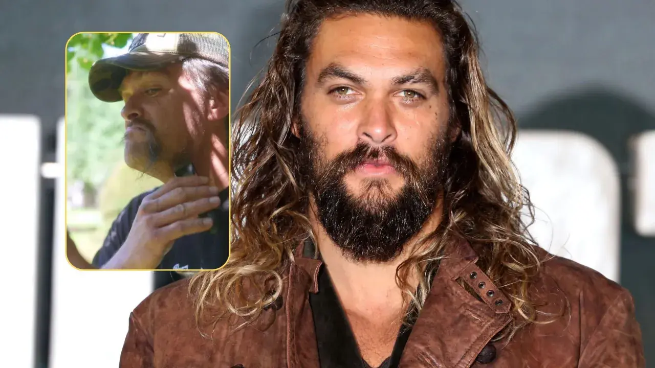 Jason Momoa bez brody, w czapce, goli się. Obok jego znane oblicze z bujną brodą.