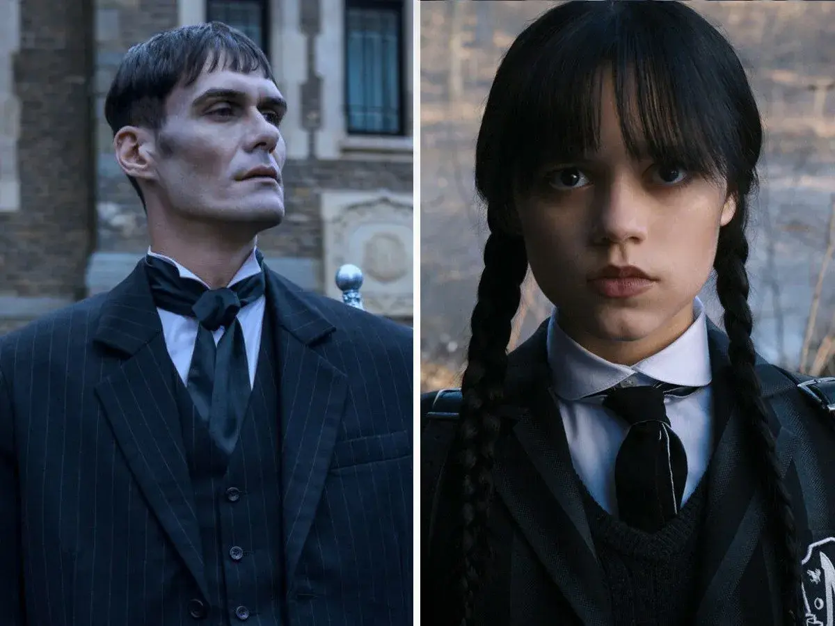 Wednesday Addams i Lurch w czarnych strojach, obok siebie.