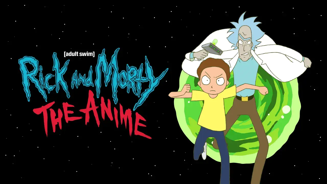 Rick i Morty The Anime: Rick z pistoletem i Morty z gniewną miną przed zielonym portalem na tle kosmosu.