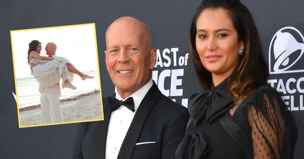 Bruce Willis z żoną na premierze. W tle zdjęcie z plaży, gdzie Bruce Willis niesie swoją ukochaną, jakby byli przyjaciółmi na zawsze.
