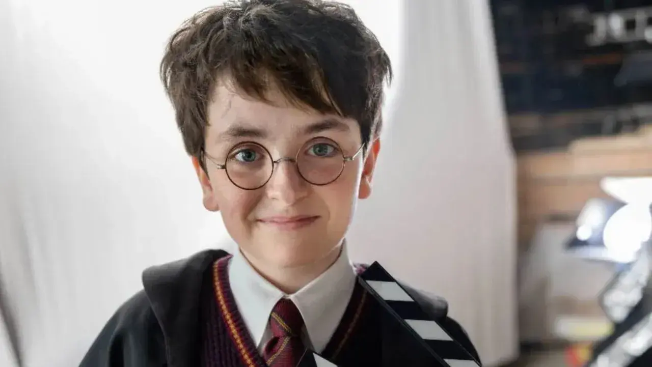 Chłopiec w okularach i szacie Hogwartu, trzymający klaps filmowy. Wygląda jak nowy Harry Potter, gotowy na przygodę.