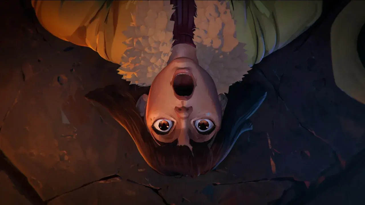 Dziewczyna z przerażeniem patrzy w dół, jakby odkryła ukryty poziom w serialu.
