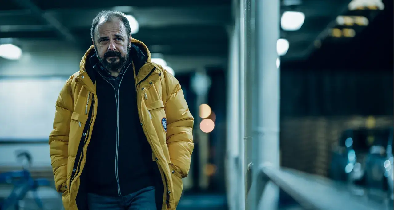 Mężczyzna w żółtej kurtce, zamyślony, idzie w stronę kamery. To kadr z filmu "Klangor", streszczenie szczegółowe tej sceny.
