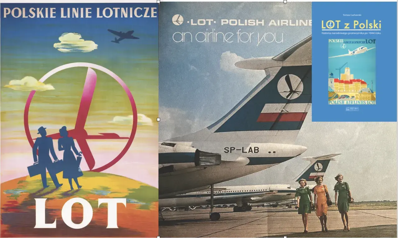 Plakaty i książka o historii LOT-u. W powietrzu serial, podróże, samoloty i uśmiechnięte stewardessy.